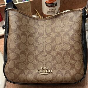 Coach Brown Signature Canvas Shoulder Bag with Black Trim